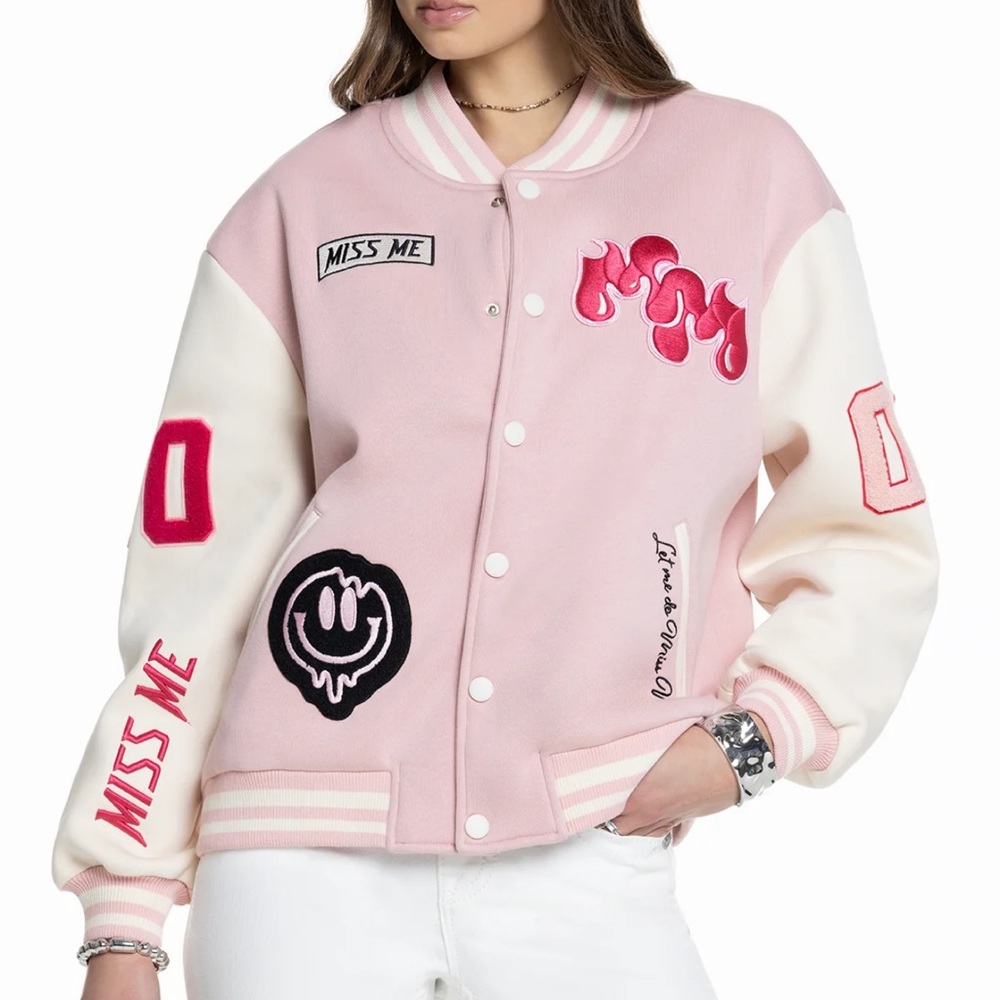 Brand New Miss Me Love Crew Varsity Jacket in pink size Medium